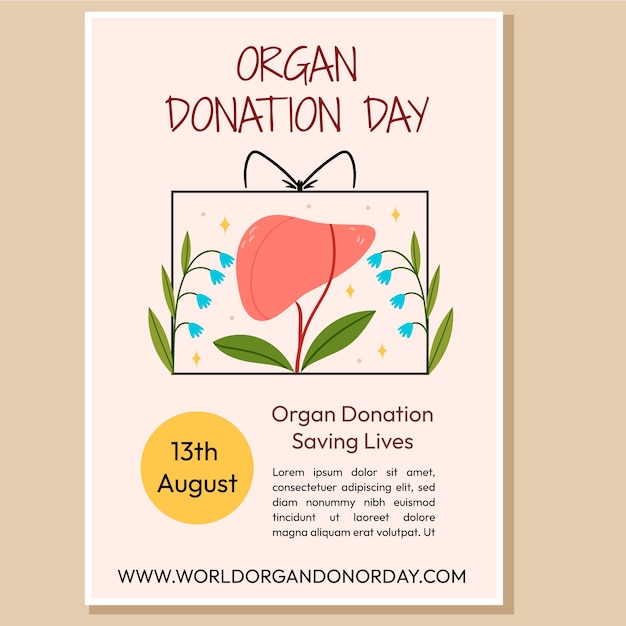 Vector gratuito plantilla de póster de donación de órganos de mundo plano con hígado
