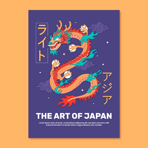 Vector gratuito plantilla de póster de dragón japonés dibujado a mano