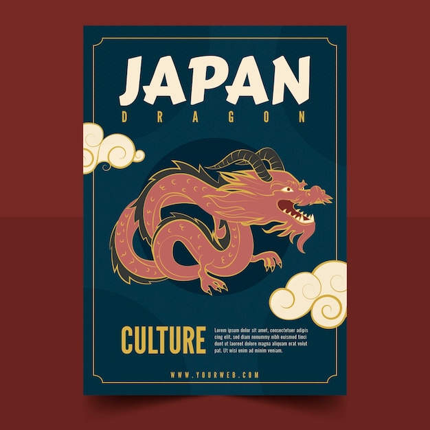 Vector gratuito plantilla de póster de dragón japonés dibujado a mano