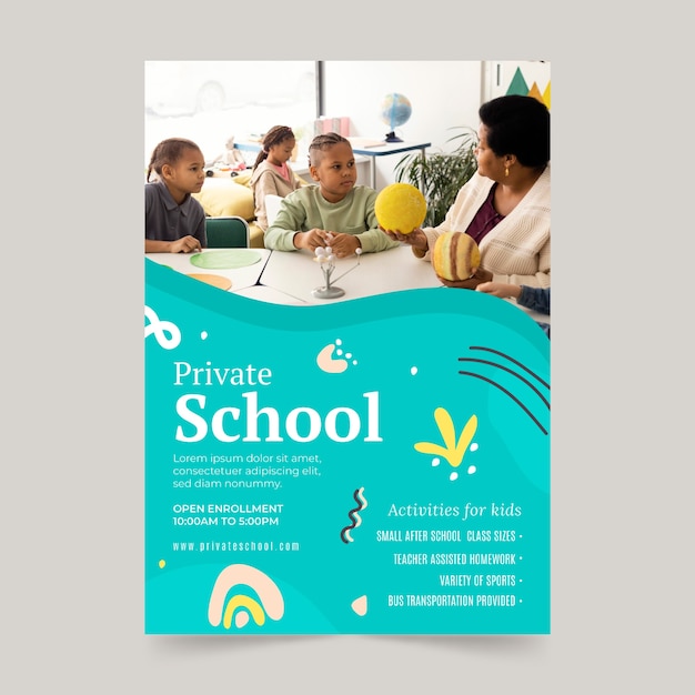 Plantilla de póster de escuela privada dibujada a mano