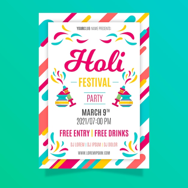 Vector gratuito plantilla de póster del festival holi en diseño plano