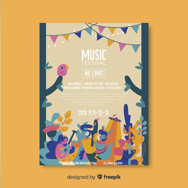 Plantilla de poster de festival de música dibujada a mano