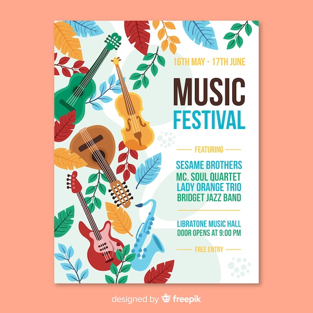 Vector gratuito plantilla de poster de festival de música dibujada a mano