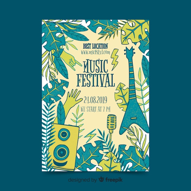 Vector gratuito plantilla de poster de festival de música dibujada a mano