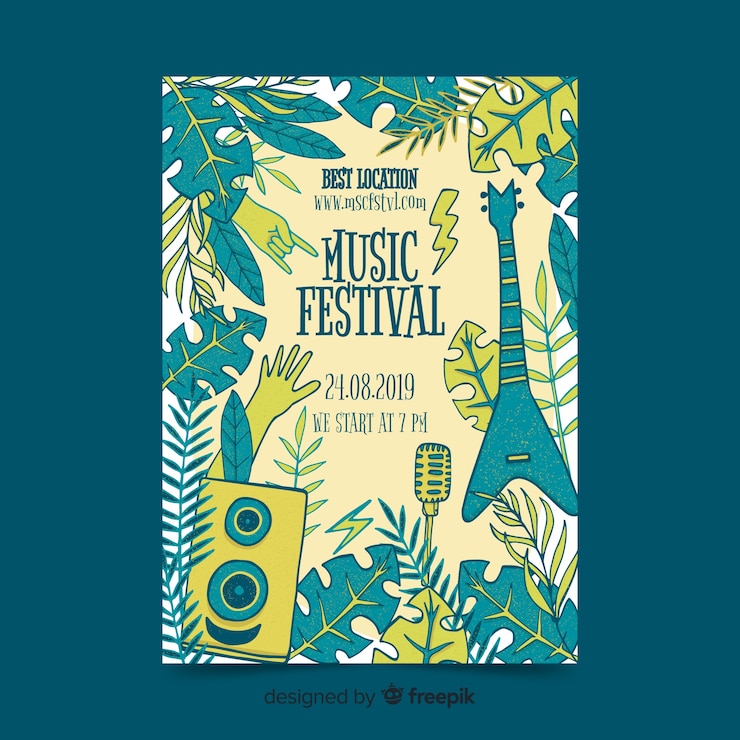 Vector gratuito plantilla de poster de festival de música dibujada a mano