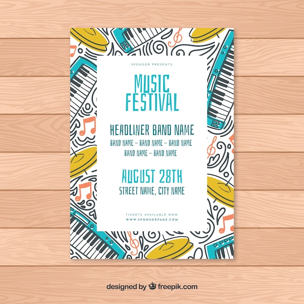 Vector gratuito plantilla de poster de festival de música dibujada a mano