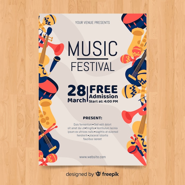 Plantilla de poster de festival de música dibujado a mano