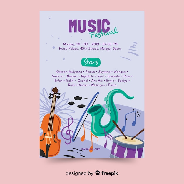 Plantilla de poster de festival de música dibujado a mano