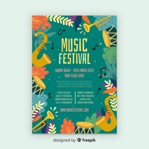 Plantilla de poster de festival de música dibujado a mano