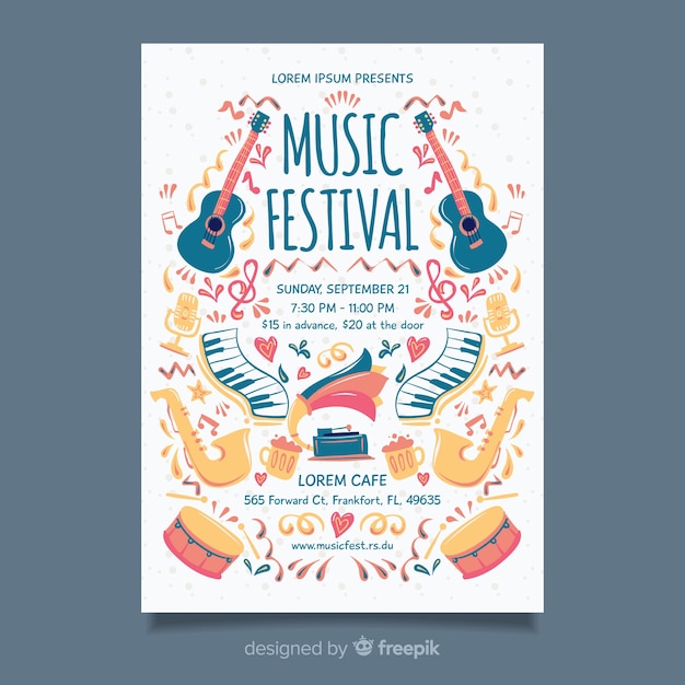 Plantilla de poster de festival de música dibujado a mano