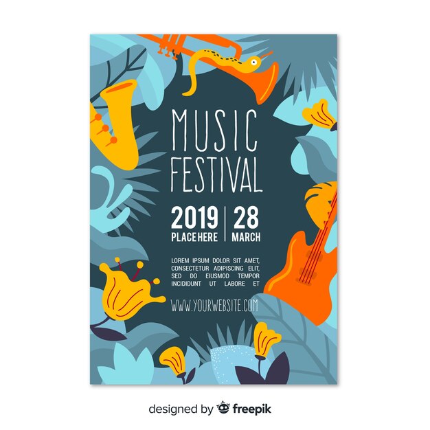 Plantilla de poster de festival de música dibujado a mano