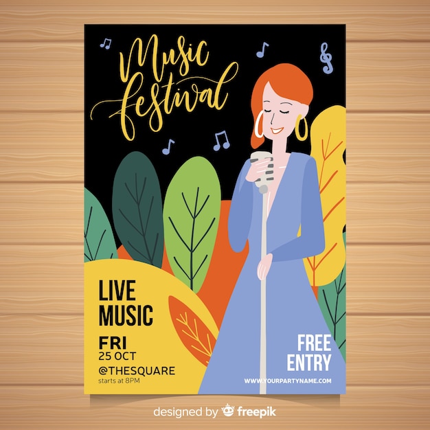 Plantilla de póster de festival de música dibujado a mano