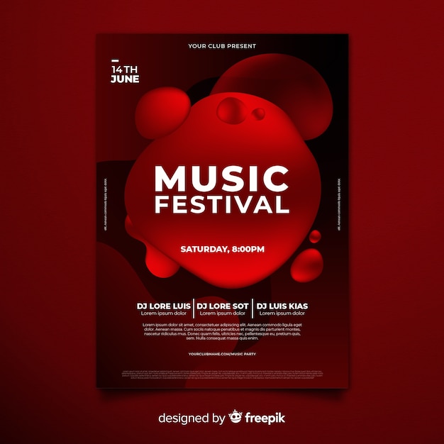 Vector gratuito plantilla de póster de festival de música con efecto líquido