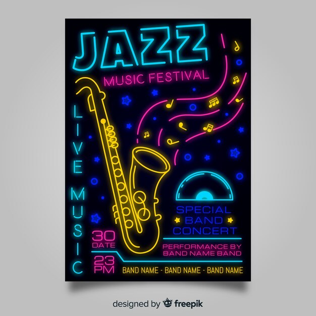 Plantilla de poster de festival de música con luces de neón