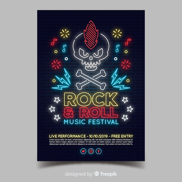 Vector gratuito plantilla de poster de festival de música con luces de neón