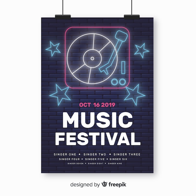 Plantilla de póster de festival de música en luz neón