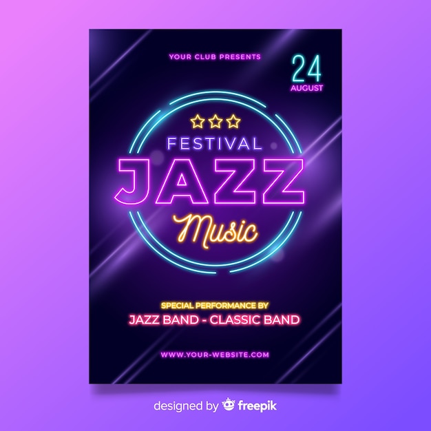 Plantilla de póster de festival de música con luz neón