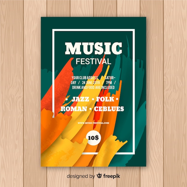 Vector gratuito plantilla de poster de festival de música con pintura