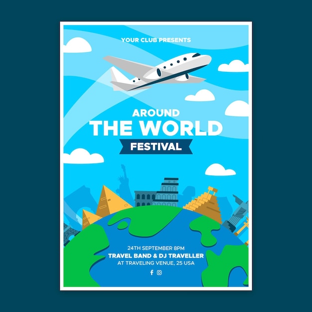 Vector gratuito plantilla de póster del festival de la vuelta al mundo