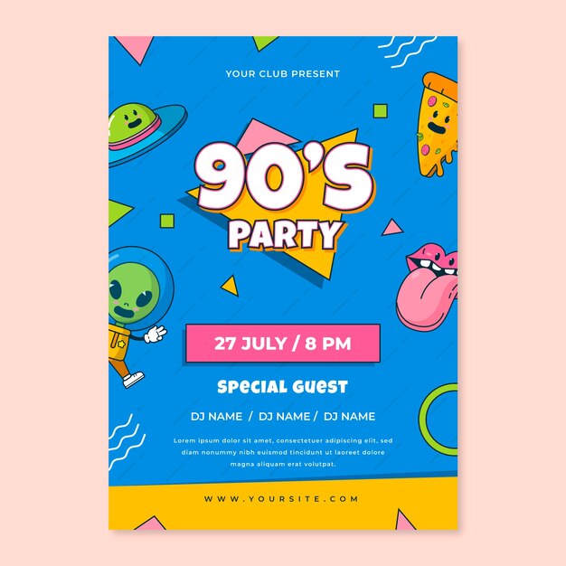 Plantilla de póster de fiesta de los 90 de dibujos animados dibujados a mano