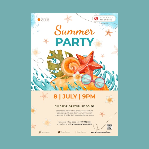 Plantilla de póster de fiesta de acuarela para la temporada de verano