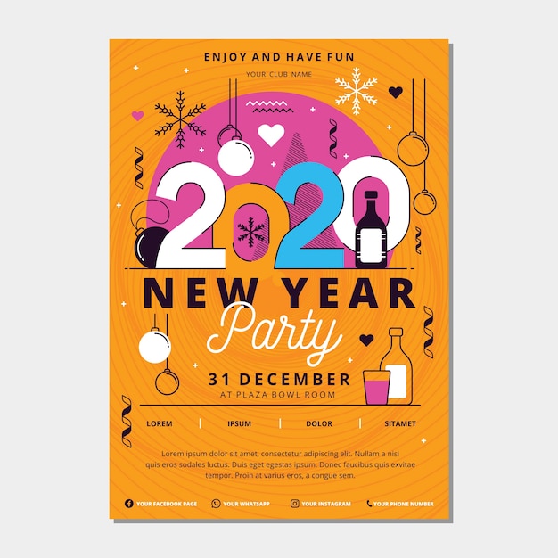 Vector gratuito plantilla de póster de fiesta de año nuevo 2020 en diseño plano