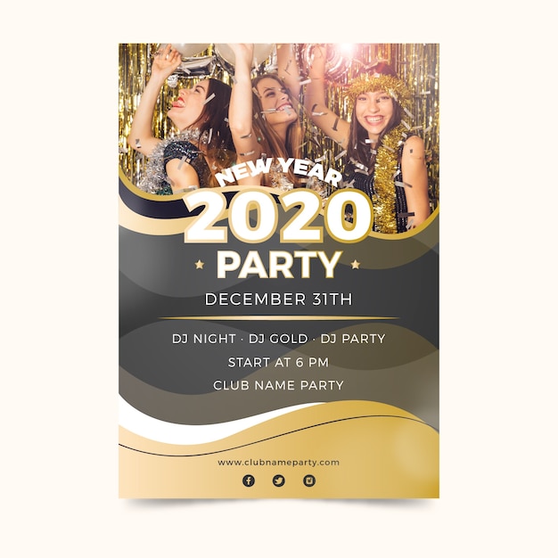 Vector gratuito plantilla de póster de fiesta de año nuevo 2020 con foto