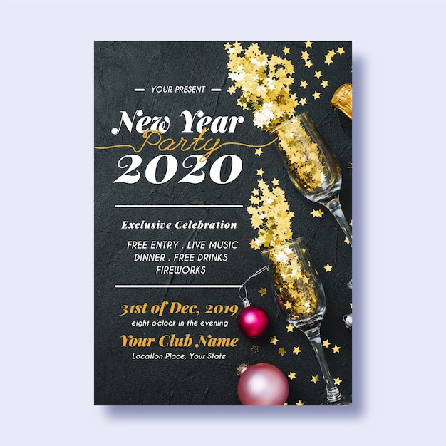 Plantilla de póster de fiesta de año nuevo 2020 con foto