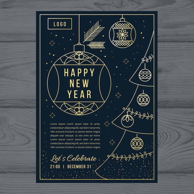 Vector gratuito plantilla de póster de fiesta de año nuevo en estilo de contorno