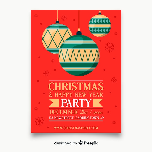 Plantilla de póster para fiesta con bolas de navidad en diseño plano