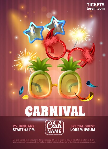 Plantilla de póster de fiesta de carnaval, invitación especial del club con luces de bengala y gafas divertidas ilustración vectorial