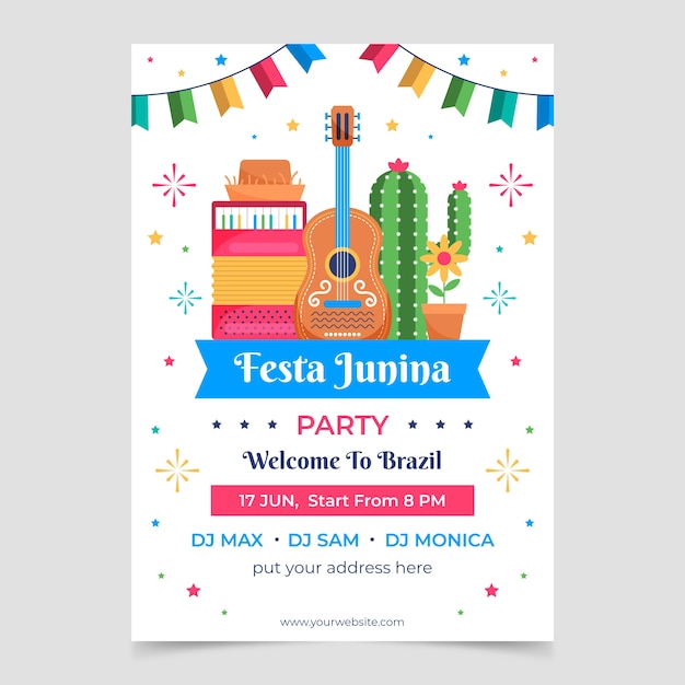 Vector gratuito plantilla de póster de fiesta de festas juninas de diseño plano