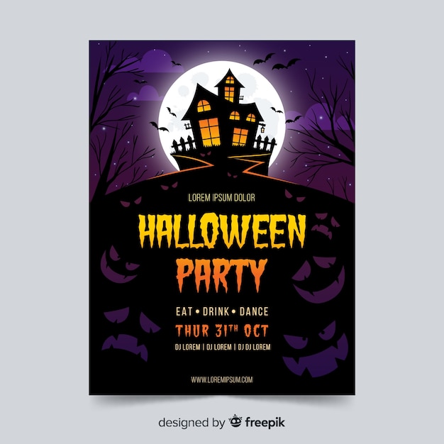 Plantilla de póster de fiesta de halloween con casa embrujada