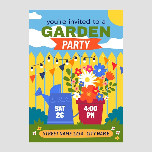 Plantilla de póster de fiesta en el jardín dibujada a mano