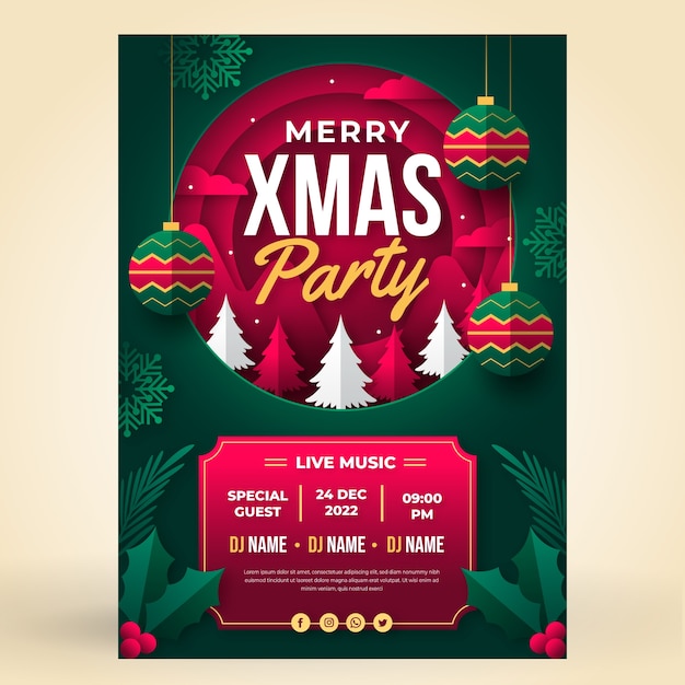 Plantilla de póster de fiesta de navidad de estilo papel