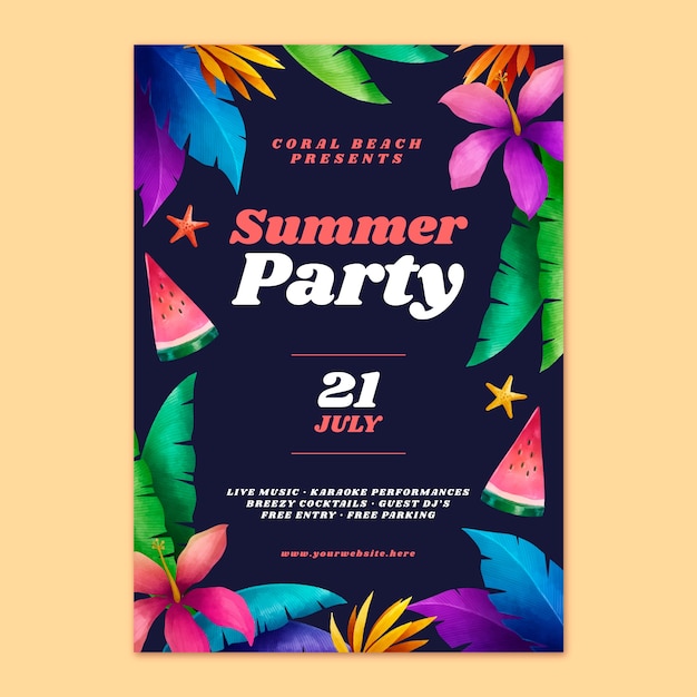 Vector gratuito plantilla de póster de fiesta de noche de verano en acuarela con sandía y hojas