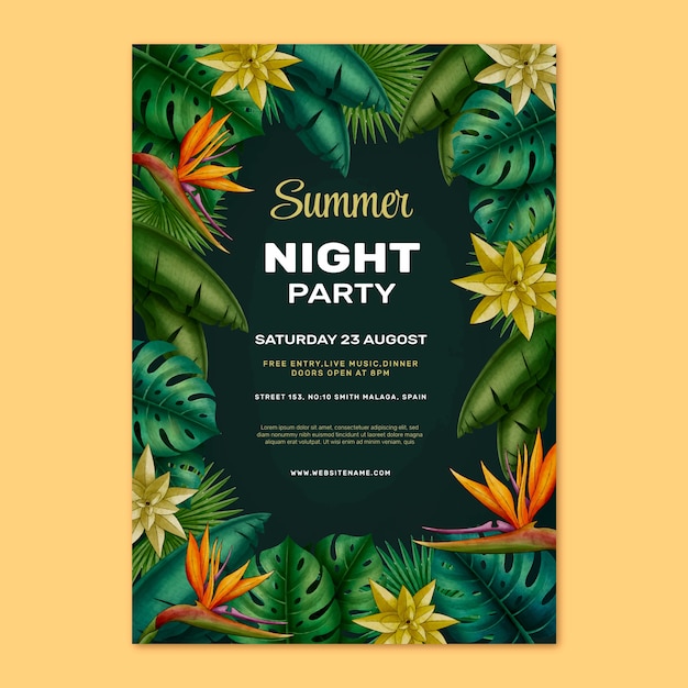 Vector gratuito plantilla de póster de fiesta de noche de verano en acuarela con vegetación