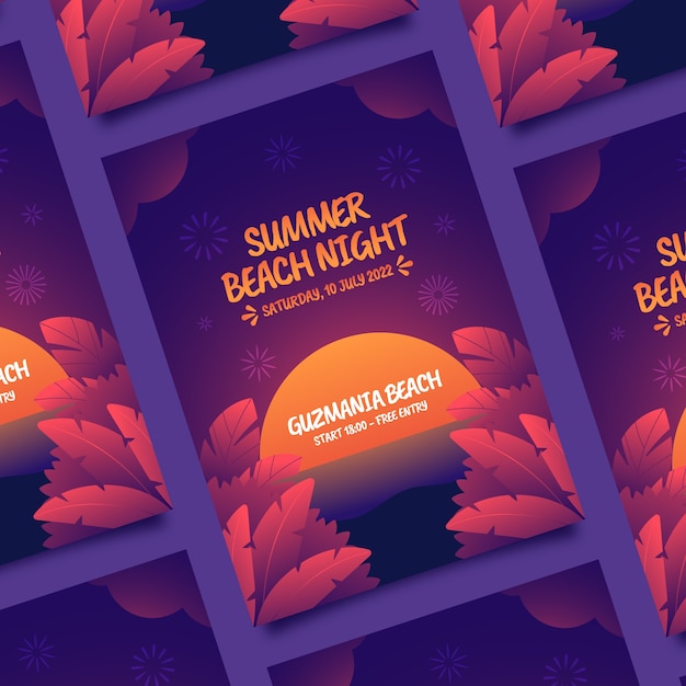 Vector gratuito plantilla de póster de fiesta de noche de verano degradado con vegetación