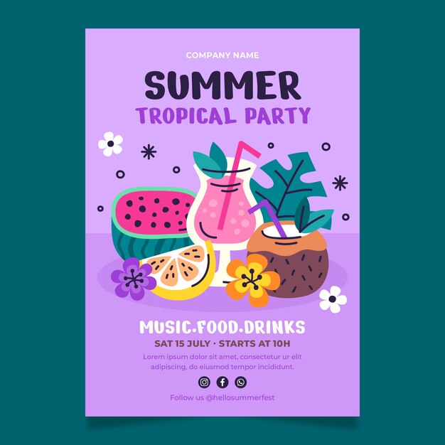 Plantilla de póster de fiesta plana para la temporada de verano