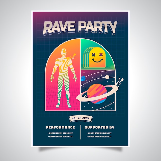 Vector gratuito plantilla de póster de fiesta rave degradado