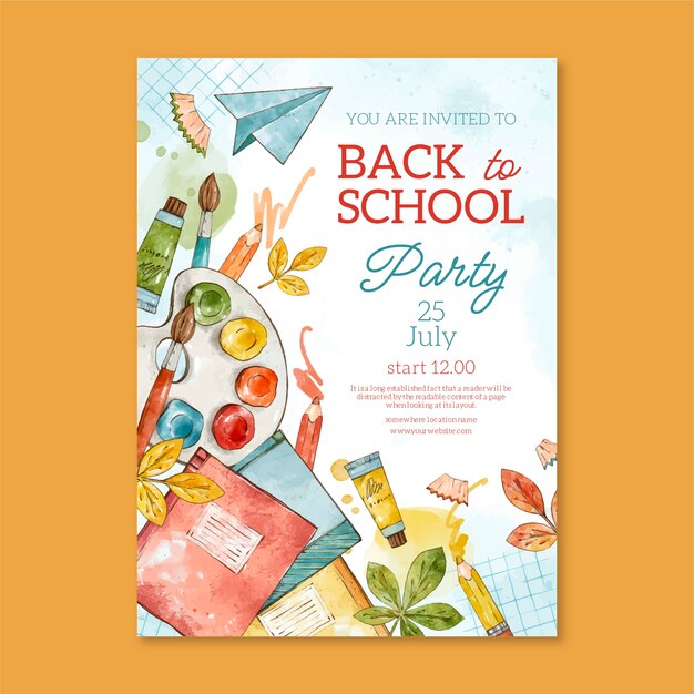 Plantilla de póster de fiesta de regreso a la escuela en acuarela