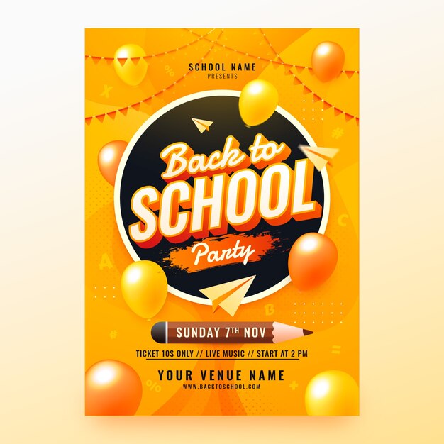 Plantilla de póster de fiesta de regreso a la escuela con degradado