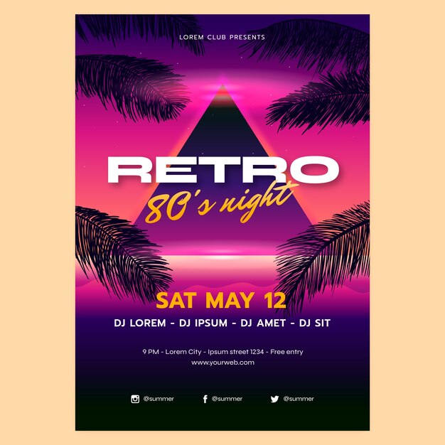 Plantilla de póster de fiesta retro degradado de los años 80 para el verano