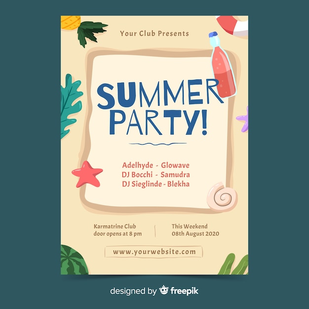 Plantilla de póster de fiesta de verano dibujada a mano