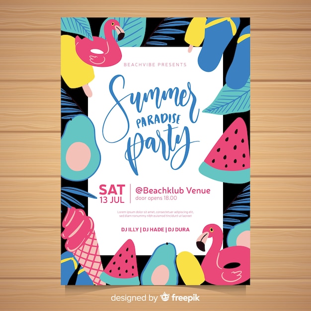 Plantilla de poster de fiesta de verano dibujado a mano