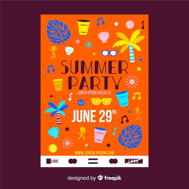 Vector gratuito plantilla de poster de fiesta de verano dibujado a mano