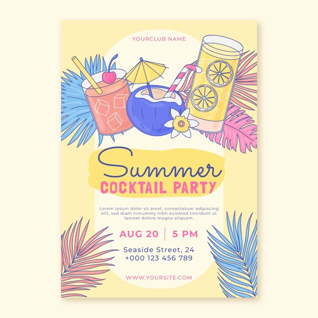 Plantilla de poster de fiesta de verano dibujado a mano