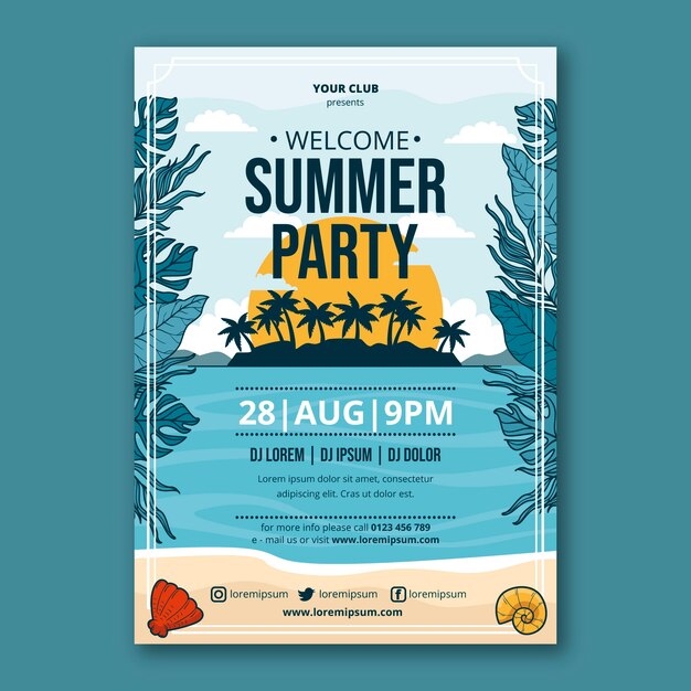 Plantilla de poster de fiesta de verano dibujado a mano
