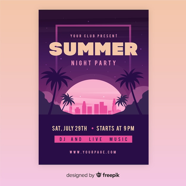Vector gratuito plantilla de póster de fiesta de verano en diseño plano