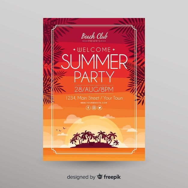 Vector gratuito plantilla de póster de fiesta de verano en diseño plano